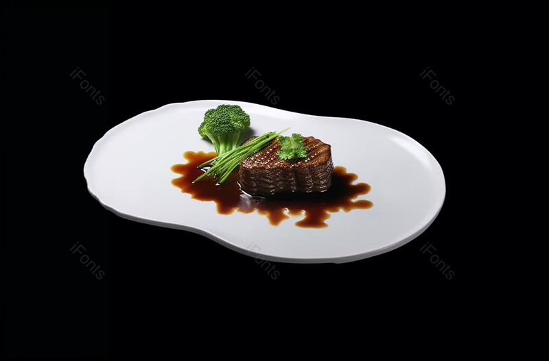 黑色背景切片食物肉类牛肉猪肉高蛋白质精致摆盘蔬果西兰花装饰西餐摄影图,高清,摄影图,摄影图片,图片大全,摄影图免费下载